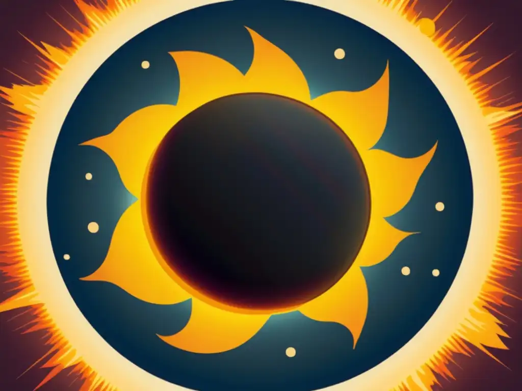 Un eclipse solar vintage ilustrado con detalle, capturando la belleza del fenómeno celestial