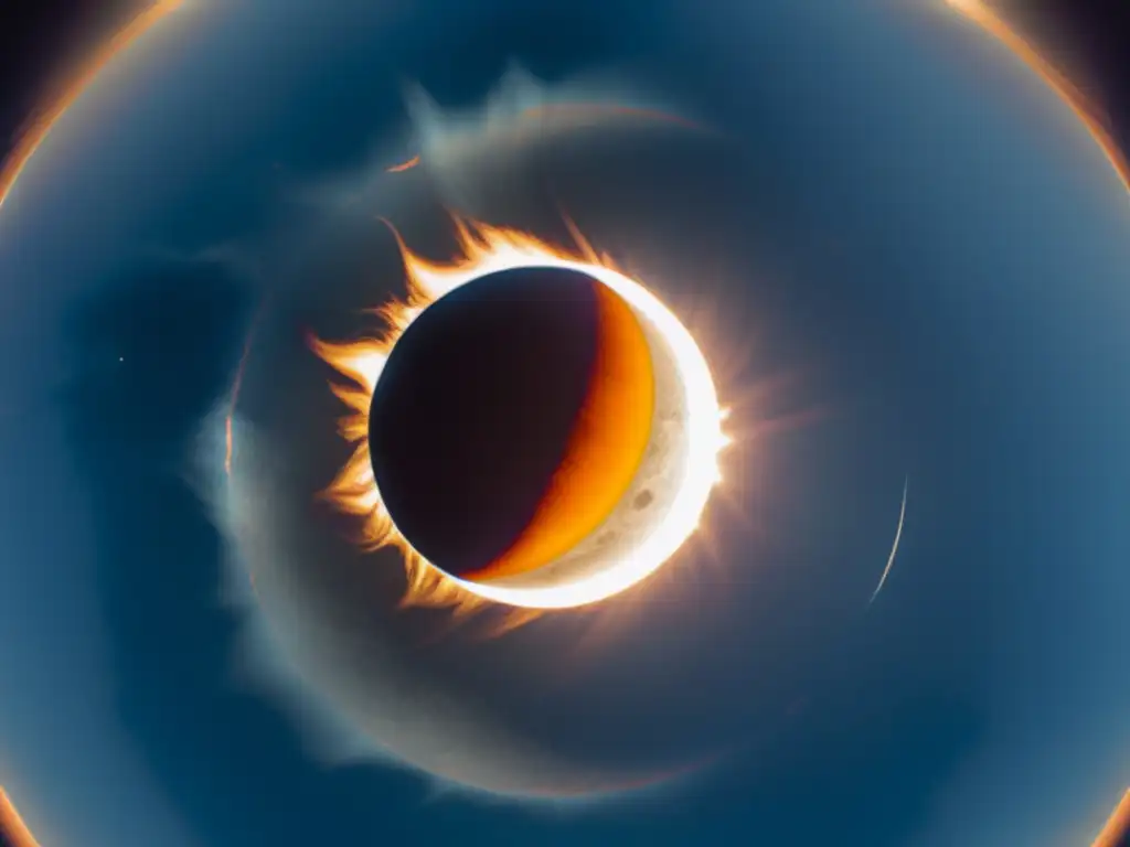 Fotografía de eclipses celestes: Detalle vintage de un eclipse solar parcialmente oculto por la luna, en un cielo azul profundo