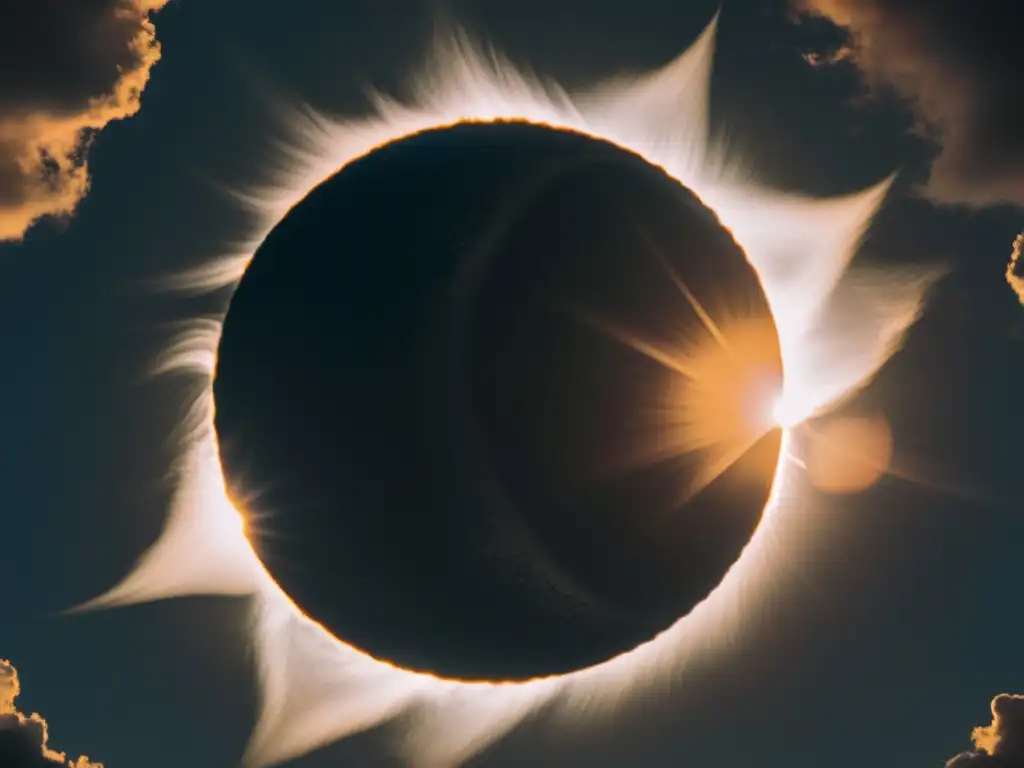 Fotografía de eclipses celestes: Imagen en blanco y negro de un eclipse solar, con la luna parcialmente ocultando el sol y creando un resplandor hermoso y misterioso en el cielo