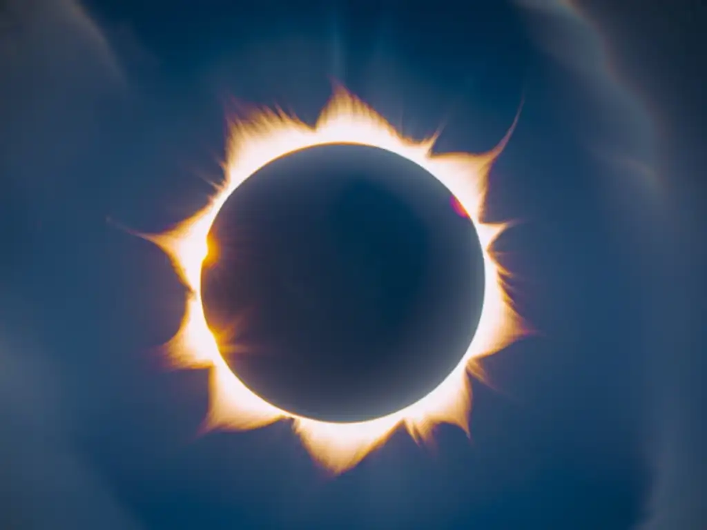 Fotografía de eclipses celestes: Una imagen vintage de un eclipse solar con la luna creando un impresionante halo de luz alrededor de sus bordes