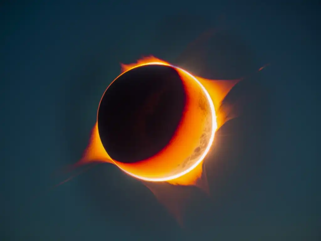 Fotografía de eclipses celestes: Una imagen vintage de un eclipse solar, con la luna parcialmente ocultando el sol, creando un resplandor cautivador en el cielo