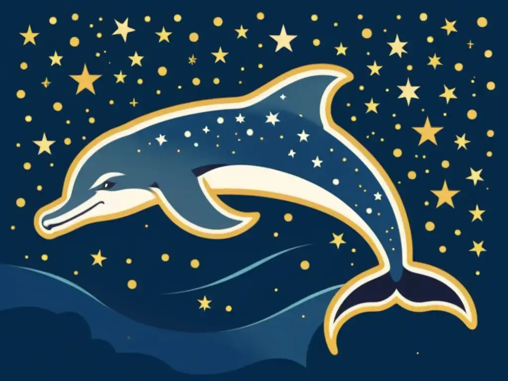 Una ilustración vintage de la constelación Delphinus, con un elegante delfín surcando el cielo estrellado, evocando la mitología griega