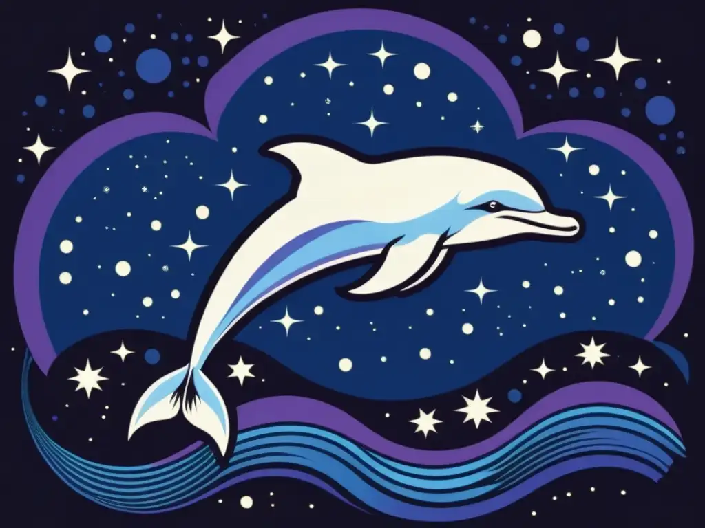 Una ilustración vintage de la constelación Delphinus, con un elegante delfín entre las estrellas, evocando la mitología griega constelación Delfín