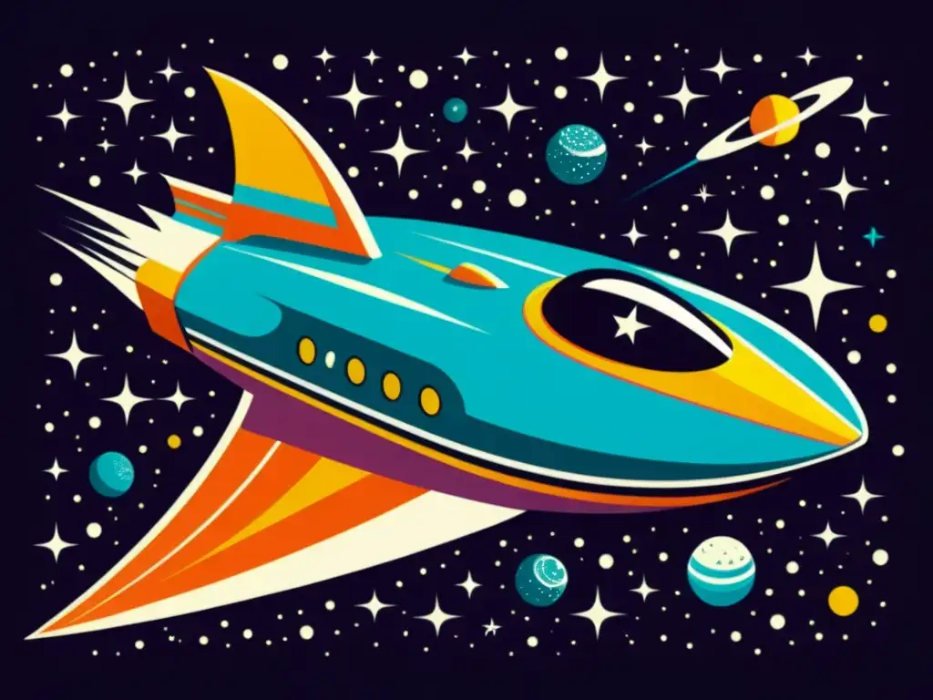 Un elegante diseño de naves espaciales retrofuturistas surcando el cosmos entre estelas de polvo estelar y estrellas brillantes en tonos profundos