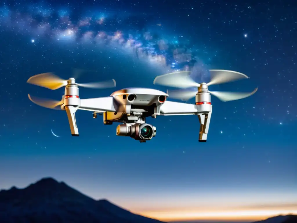 Dron vintage capturando la belleza celeste Un elegante dron plateado capturando imágenes celestiales con drones en la noche índigo, entre estrellas y la Vía Láctea