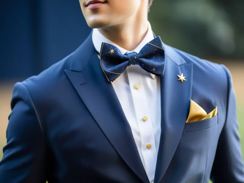 Un elegante set celestial de corbata y pañuelo en tonos azul marino y dorado, con motivos cósmicos detallados