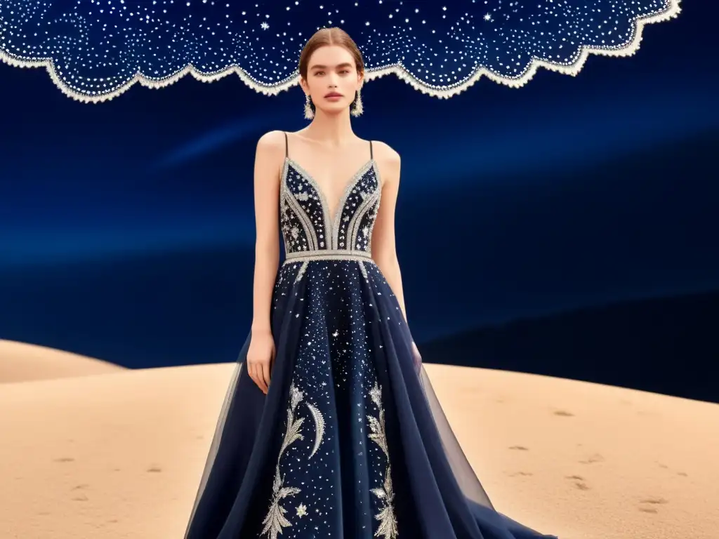 Un elegante vestido de noche inspirado en constelaciones, con detalles celestiales y un toque de elegancia atemporal