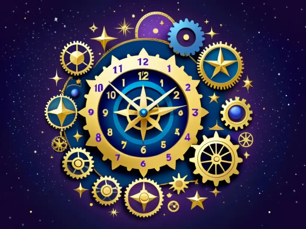 Una ilustración vintage de la constelación Horologium, con elementos de relojería entrelazados con estrellas, emitiendo un aura mística