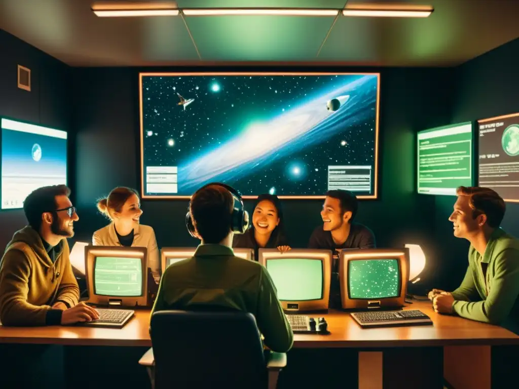 Un emocionante aprendizaje astronómico con Kerbal Space Program: estudiantes reunidos alrededor de un ordenador, explorando el espacio entre posters vintage de constelaciones