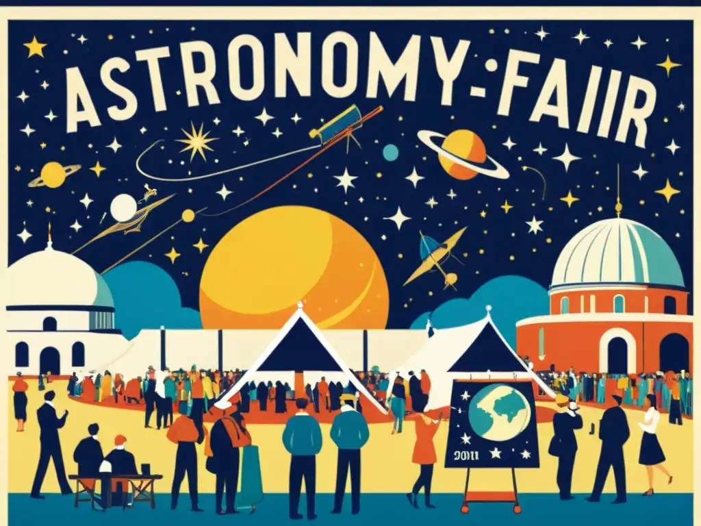 Un emocionante póster vintage promocionando una feria de astronomía con una multitud animada bajo un cielo estrellado