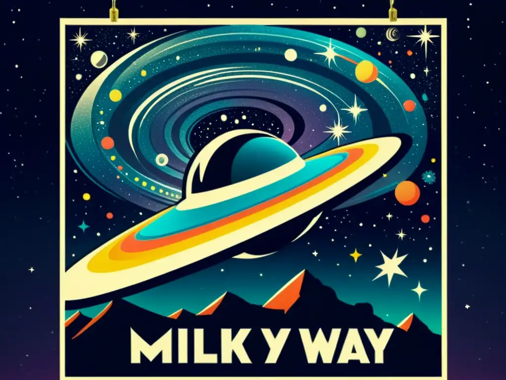 Viaje espacial a través de la Vía Láctea: Poster vintage Un emocionante póster vintage de película sobre la Vía Láctea, con una nave espacial surcando la galaxia entre colores y estrellas brillantes