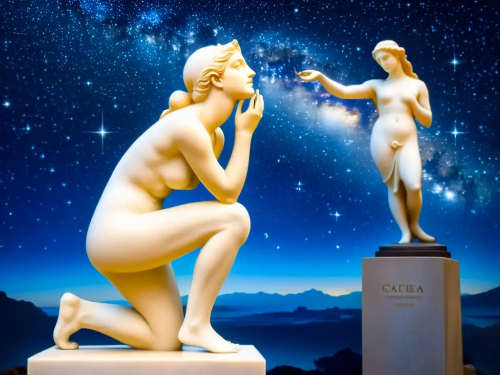 Emotiva pintura vintage de Galatea, estatua que cobra vida entre estrellas, en la mitología de Pygmalion