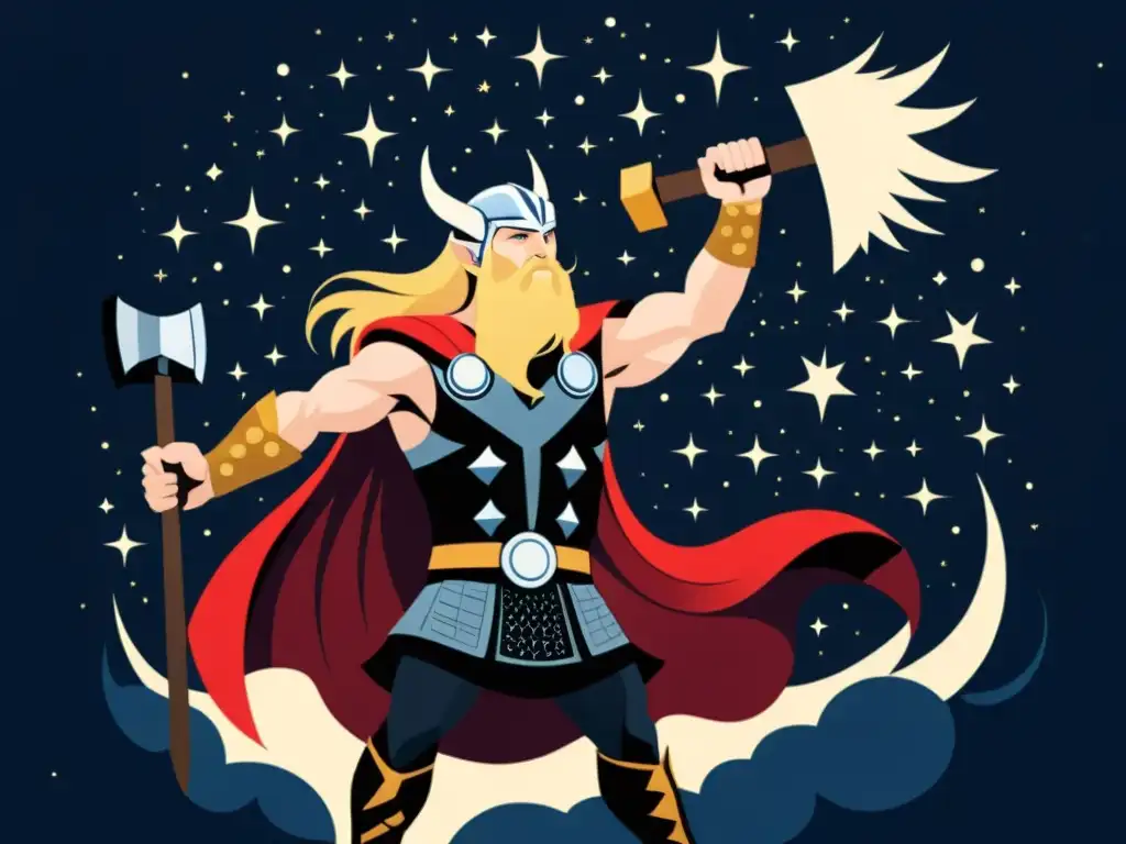 Thor empuña su martillo Mjölnir bajo un cielo estrellado con constelaciones de la mitología nórdica