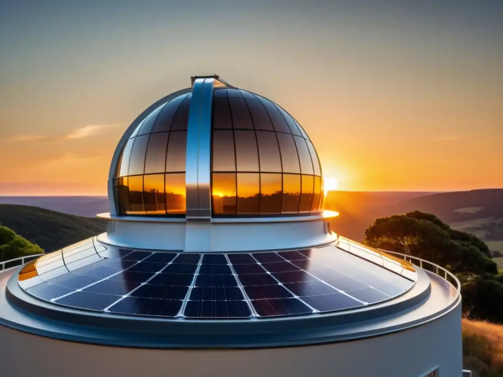 Integrando energías renovables observatorio: paneles solares en observatorio astronómico al atardecer