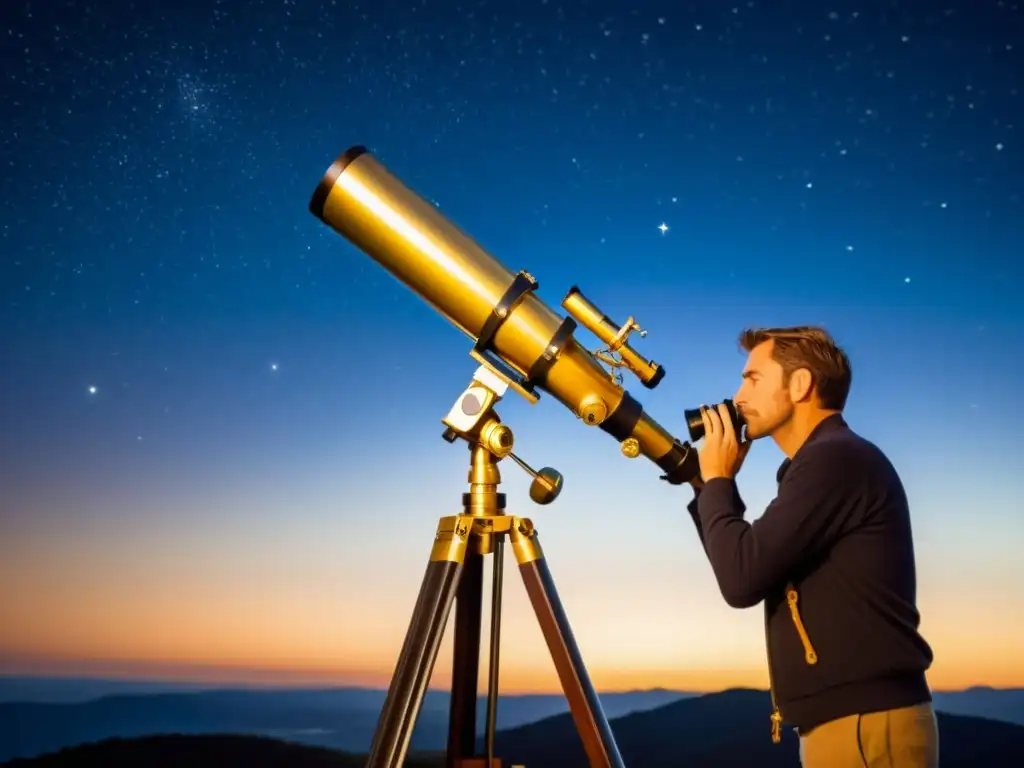 Un entusiasta de telescopios ajusta con cuidado el enfoque de un telescopio refractor clásico bajo un cielo estrellado, iluminado por una linterna