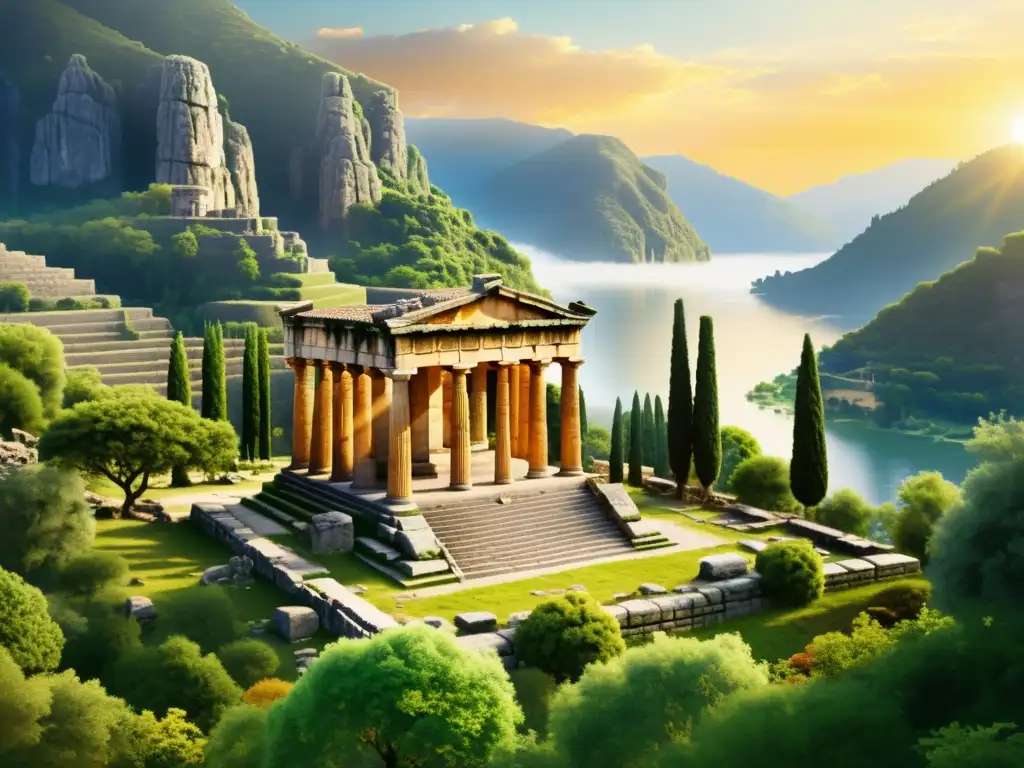 Ancient ruins of the Temple of Apollo at Delphi, envuelto en misticismo, rodeado de naturaleza exuberante y montañas nebulosas