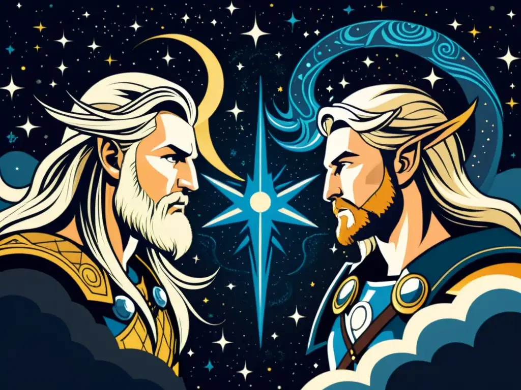 Épica batalla de la mitología nórdica entre Thor y Jörmungandr, rodeados de estrellas y constelaciones, evocando grandiosidad celestial