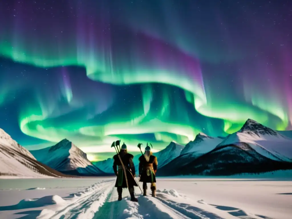 Un épico firmamento estrellado ilumina a héroes nórdicos ante la aurora boreal, evocando historias de aventura y maravilla