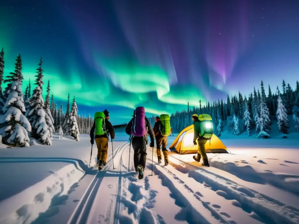 Un equipo de expedición caza auroras boreales en un bosque nevado al anochecer, evocando aventura y maravilla