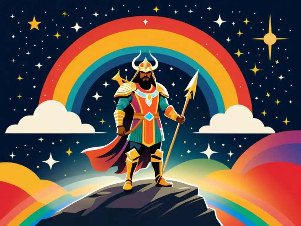 Heimdall, guardián del Bifrost, erguido en el puente arcoíris, vigilando la constelación de Centauro en el cielo nocturno