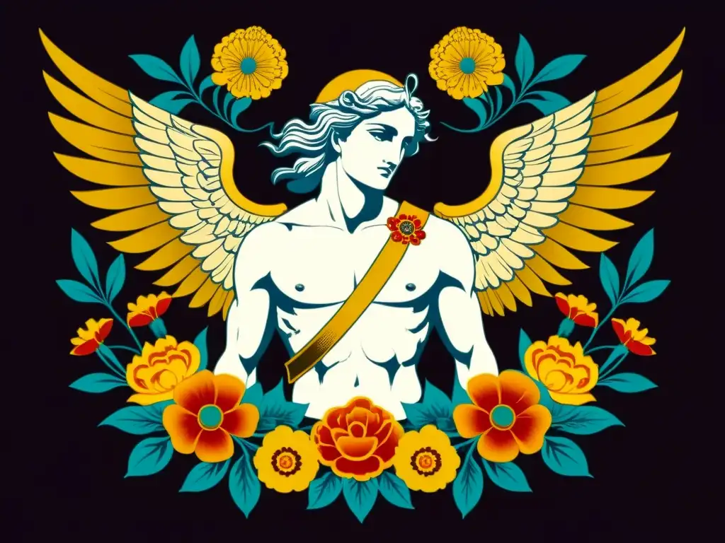 Eros, el dios griego del amor, y Thanatos, el dios de la muerte, representados de forma detallada en una ilustración vintage