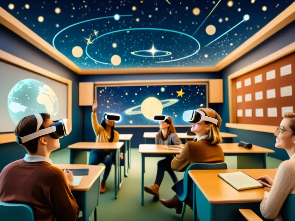 Escena de aula con estudiantes usando realidad virtual para educación astronómica, rodeados de constelaciones proyectadas en el aire