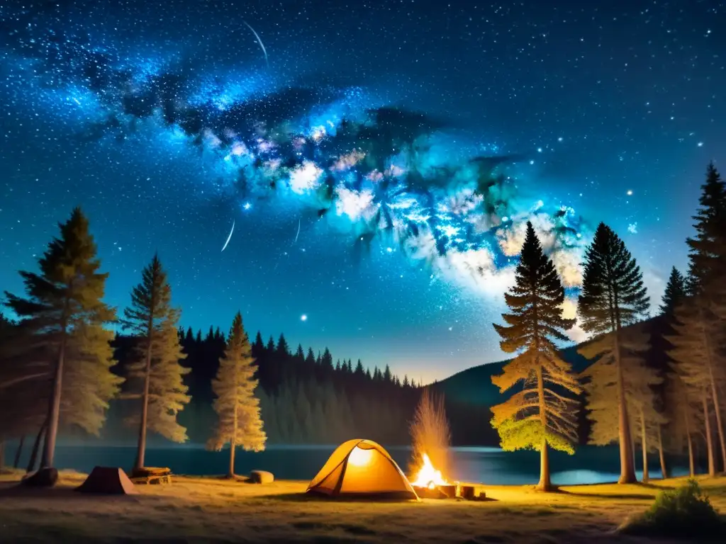 Una escena de camping bajo un cielo estrellado vintage, con una fogata, tienda y árboles silueteados