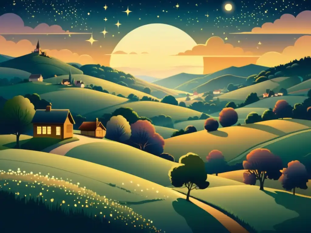 Una ilustración vintage de una escena crepuscular, con un paisaje sereno y un cielo repleto de estrellas