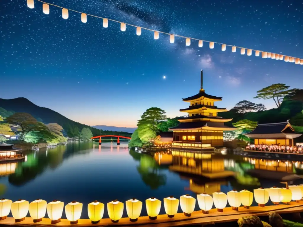 Escena festiva del Festival de las Estrellas Japón: yukatas, deseos en tanzaku, castillo histórico y música tradicional bajo un cielo estrellado