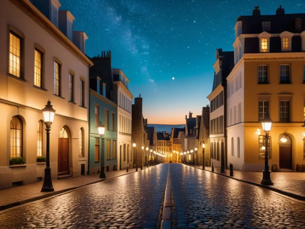 Una escena nocturna vintage en la calle con farolas antiguas iluminando calles empedradas y edificios históricos