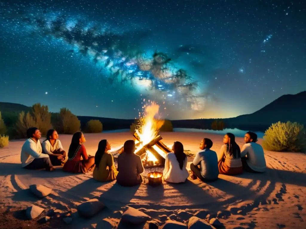 Una escena nostálgica de observación estelar en ceremonias indígenas bajo un cielo estrellado y la luz cálida de una fogata