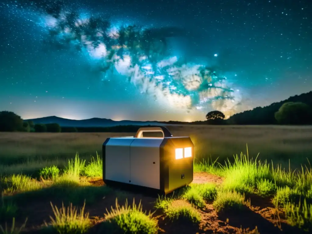 Una escena nostálgica de un generador portátil conectado a un telescopio y una computadora bajo un cielo estrellado