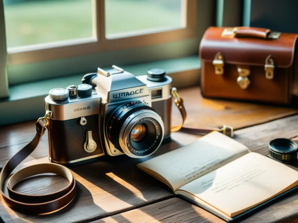 Una escena nostálgica de fotografía vintage, con cámara, rollos de película y anotaciones en un cuaderno en una mesa de madera en suave luz natural