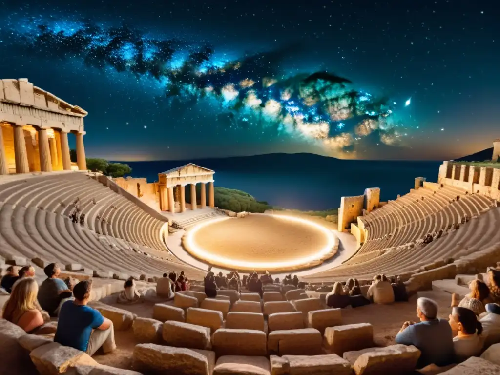 Una escena teatral de la antigua Grecia bajo un cielo estrellado y un cometa brillante, evocando presagios celestes en la dramaturgia clásica