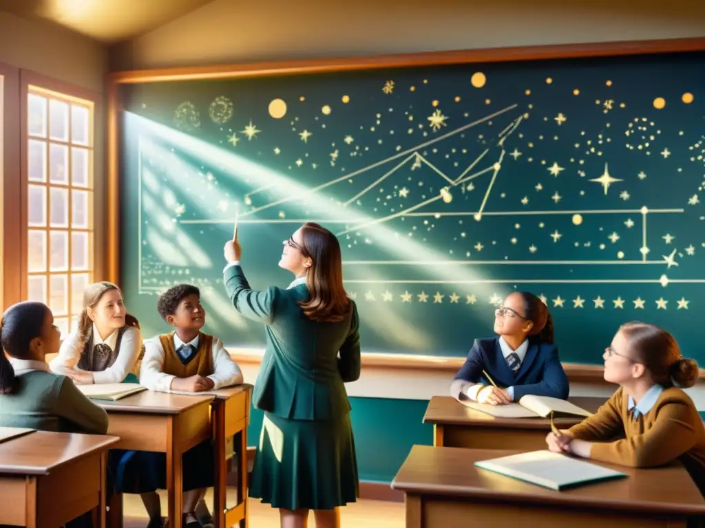 Una escena vintage en un aula con estudiantes absorbidos en versos inspirados en el cosmos