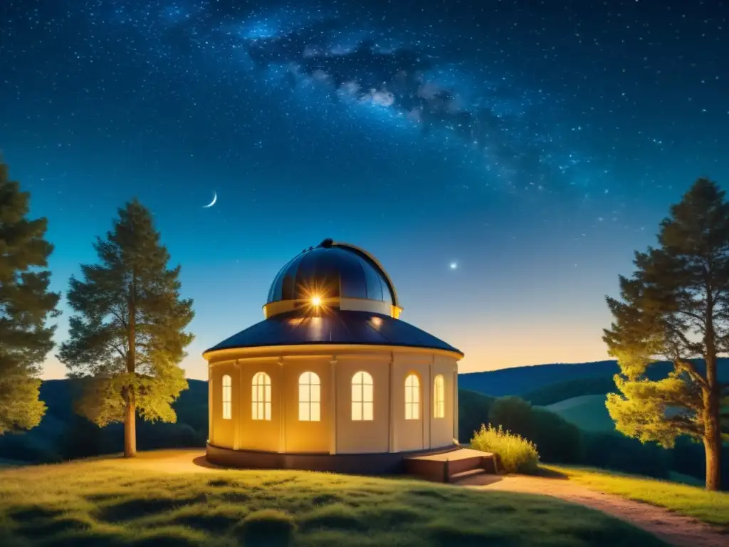 Una escena vintage de noche estrellada sobre un tranquilo campo, con un antiguo observatorio iluminado suavemente entre los árboles