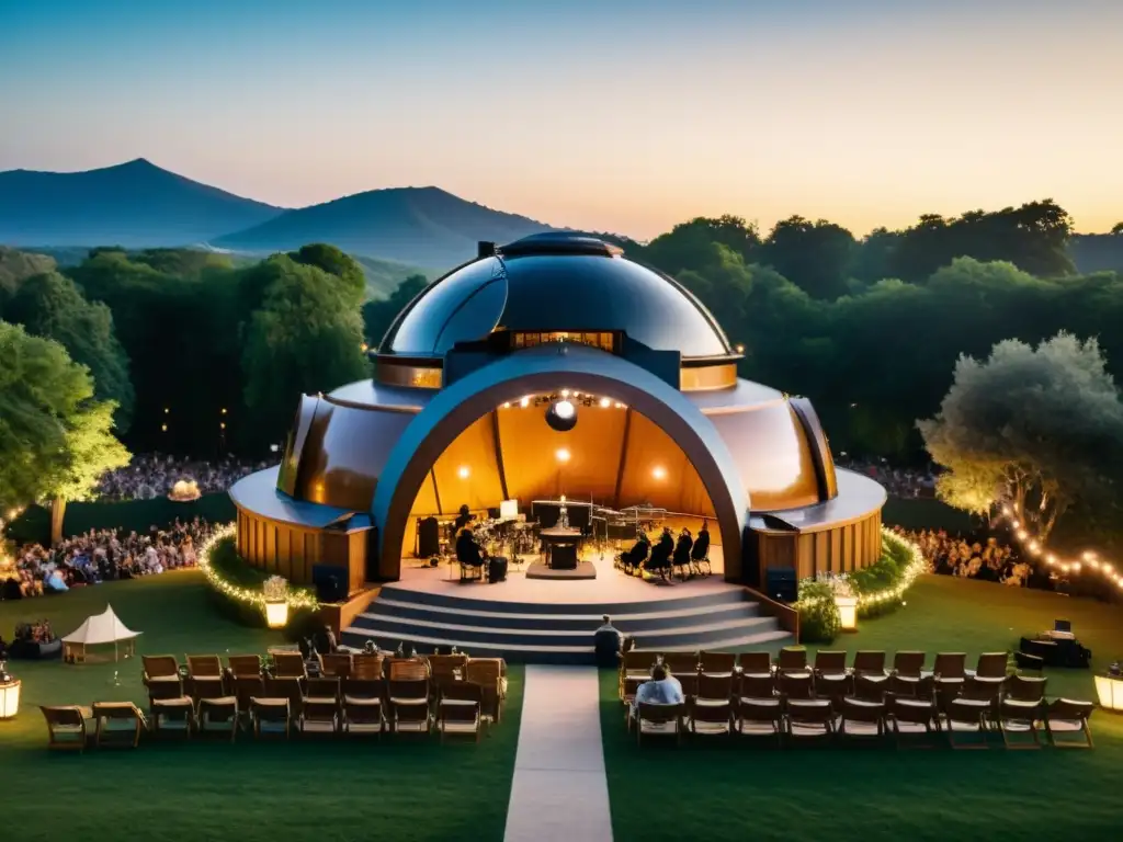 Escenario de concierto al aire libre con observatorio en domo y eventos astronómicos con música en vivo bajo el cielo estrellado