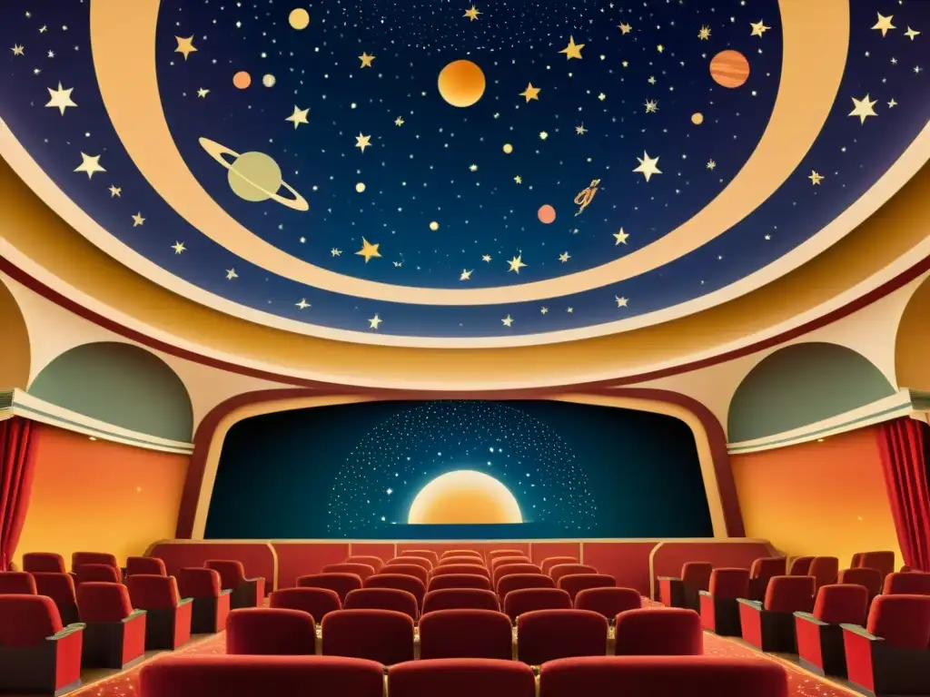 Escenografías astronómicas en teatro: ilustración vintage de un escenario celestial con constelaciones, planetas y actores en trajes de época