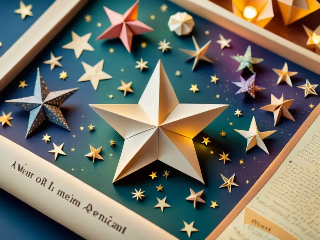 Un escritorio vintage cubierto de origami cósmico para formar estrellas, con detalles meticulosos y atmósfera nostálgica