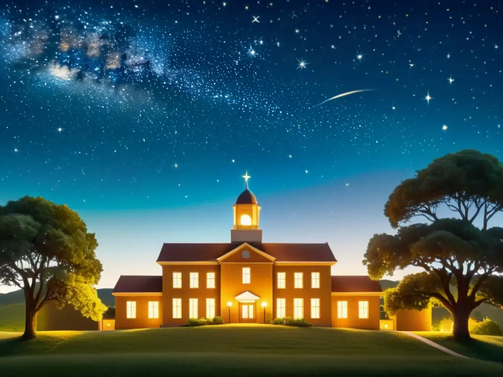 Una ilustración vintage de una escuela en el campo bajo un cielo estrellado, evocando la conservación del cielo nocturno en la educación