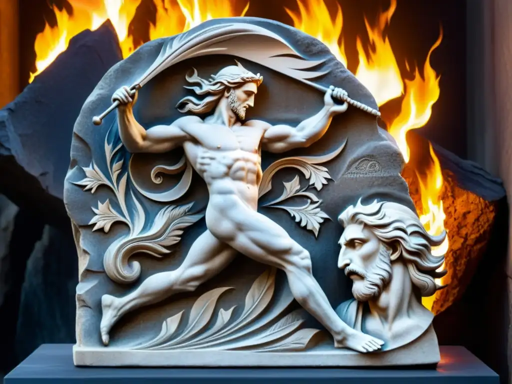 Escultura antigua de Prometeo y el Fuego de los Dioses, con fuego y acantilados, destacando su determinación y desafío