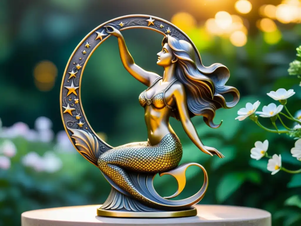 Una escultura astral de sirena celestial con la luna en mano, rodeada de naturaleza y misticismo