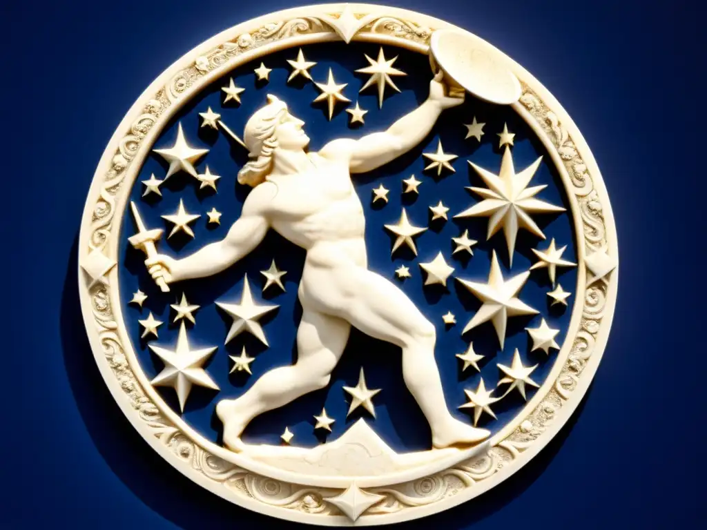 Una escultura de mármol en relieve de estilo vintage que representa la constelación de Orión, con detalles intrincados de la figura del cazador, las tres brillantes estrellas de su cinturón, y las nebulosas y estrellas circundantes, sobre un fondo azul profundo