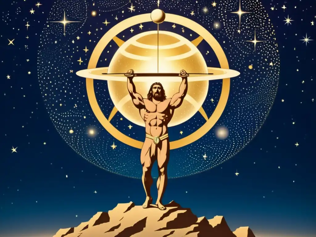 Una ilustración vintage de la Titan Atlas sosteniendo la esfera celestial, con constelaciones y cuerpos celestes detallados en el cielo nocturno