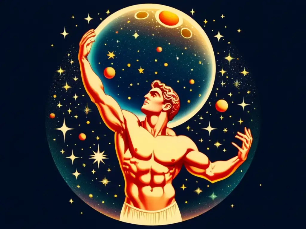 Ilustración vintage de Atlas sosteniendo la esfera celestial con estrellas y constelaciones en un cielo estrellado