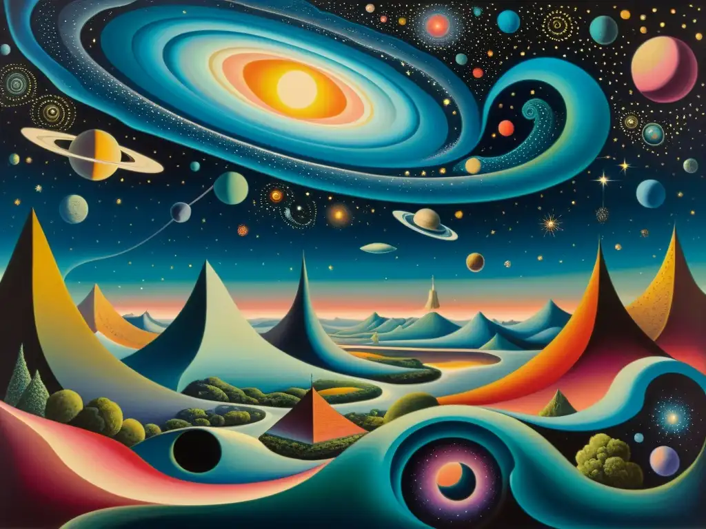 Representación espacio arte surrealista: Un paisaje cósmico surrealista detallado, con galaxias y nebulosas vibrantes en una composición onírica