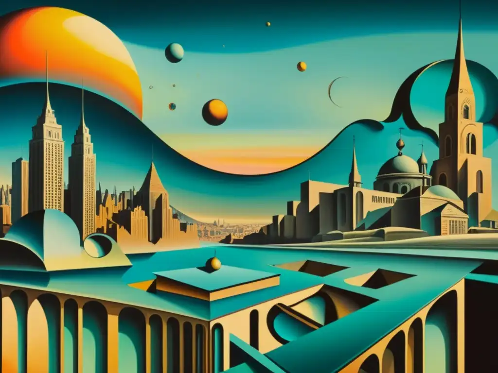 Representación espacio arte surrealista: Pintura vintage surrealista de una ciudad distorsionada con relojes derretidos y arquitectura onírica