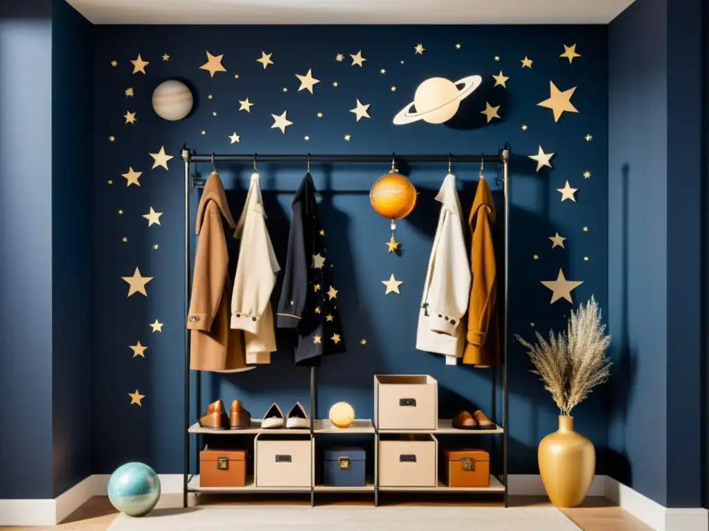 Un espacioso vestidor iluminado con percheros astronómicos para organizar, resplandece con encanto celestial y elegancia atemporal