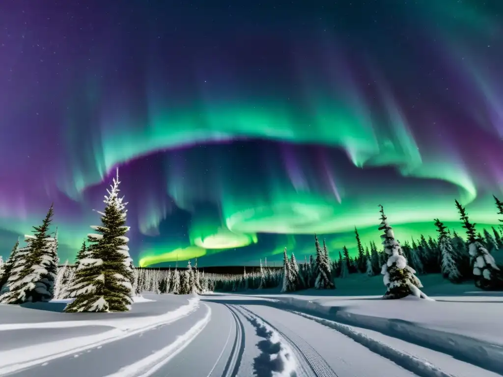 Espectacular observación de la Aurora Boreal en Ártico con luces verdes y moradas danzantes sobre un paisaje nevado