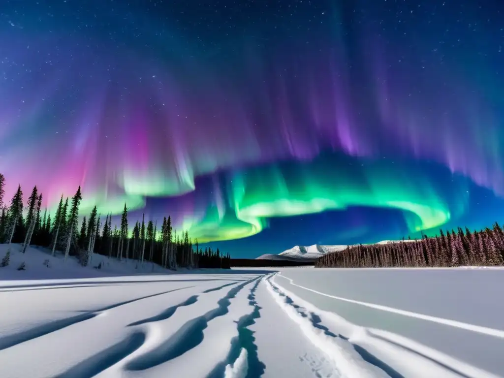 Espectacular observación de la Aurora Boreal en Ártico, con luces verdes, moradas y rosadas bailando en el cielo estrellado sobre un paisaje nevado